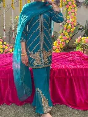Teal Embellished Palazzo Kameez Set with Dupatta
